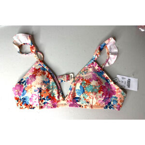 J. Crew NWT Ruffle Shoulder French Bikini Top Bra J0321 Multicolor Floral White